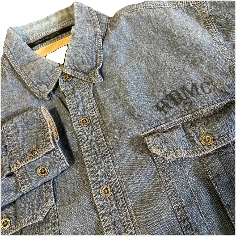 Harley Davidson Denim Shirt Men M Blue Biker Graphic Print Skull Logo‎ Y2K